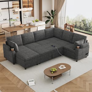 85.4 in. W Square Arm Chenille U-Shaped Sectional Sofa in Grey with Ample Storage Space and 2-Cup Holders