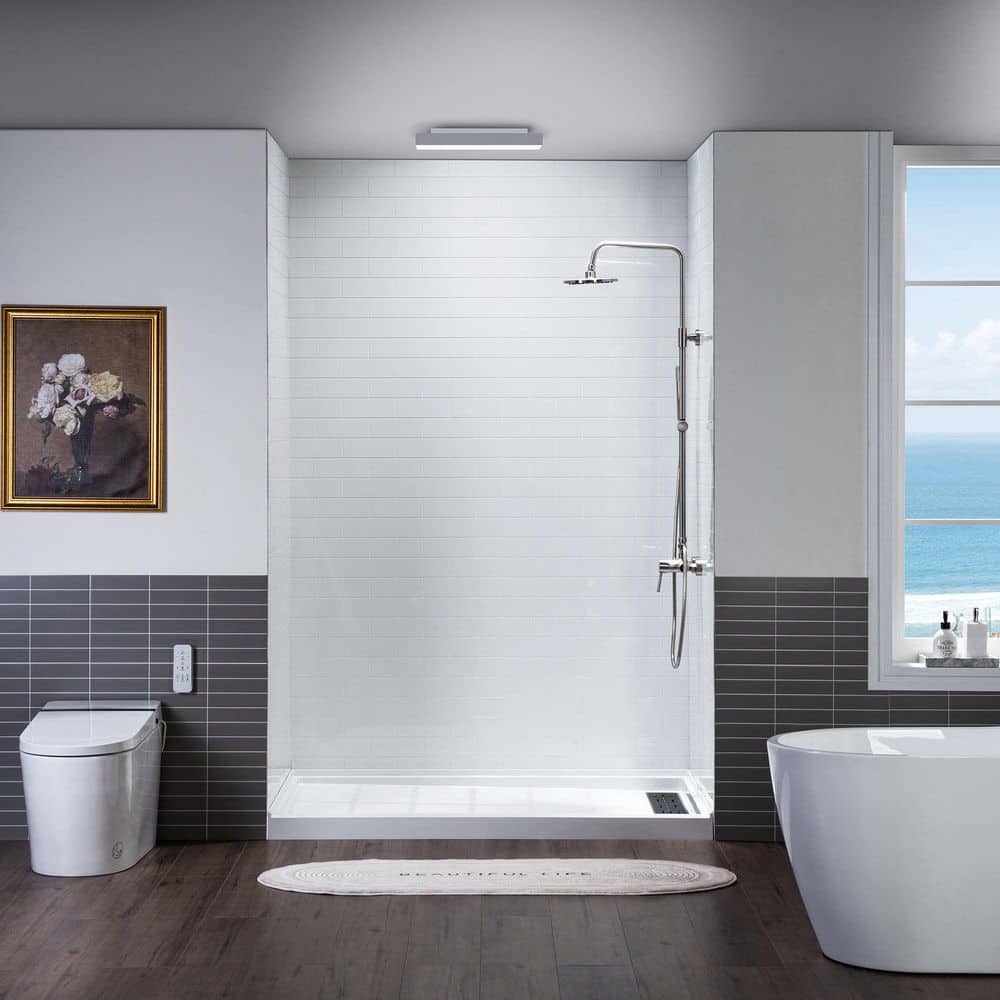 32 in. x 60 in. x 75 in. Solid Surface 3-Piece Easy Glue Up Adhesive Alcove Shower Wall Surround in High Gloss White price history on PriceWatchPro