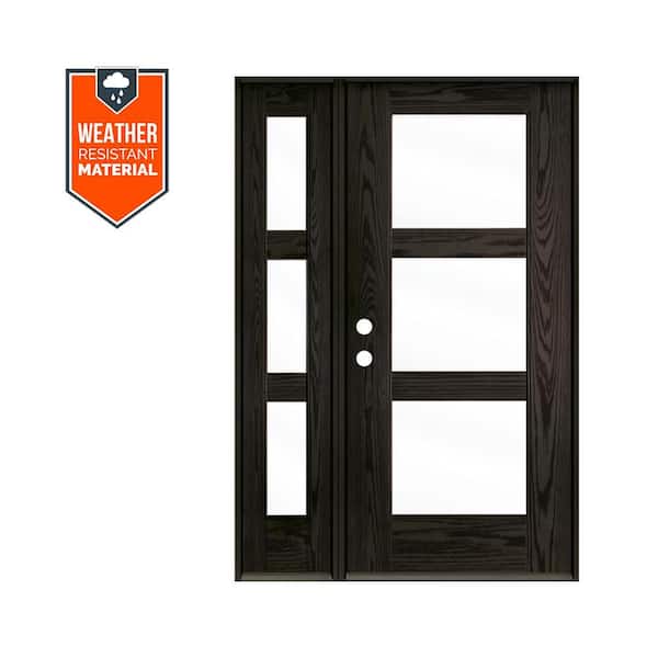 BRIGHTON Modern 50 in. x 79 in. 3-Lite Right-Hand/Inswing Clear Glass Baby Grand Stain Fiberglass Prehung Front Door/LSL
