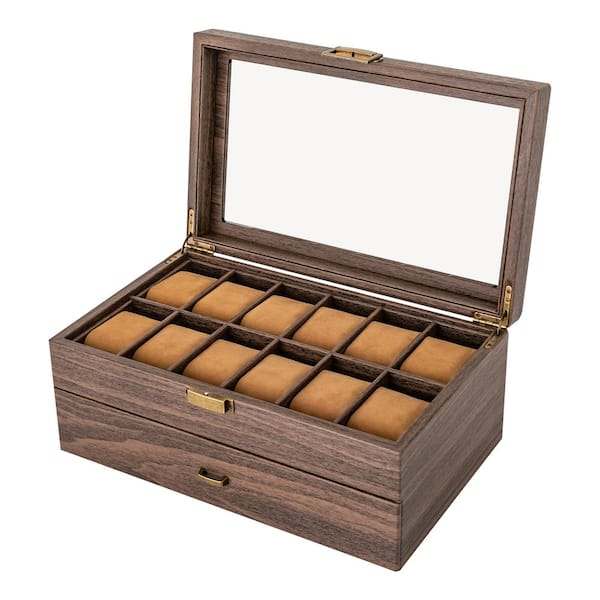 YIYIBYUS 13.4 in. x 8.3 in. Brown 24 Slot PU MDF Watch Storage Box Jewelry Case