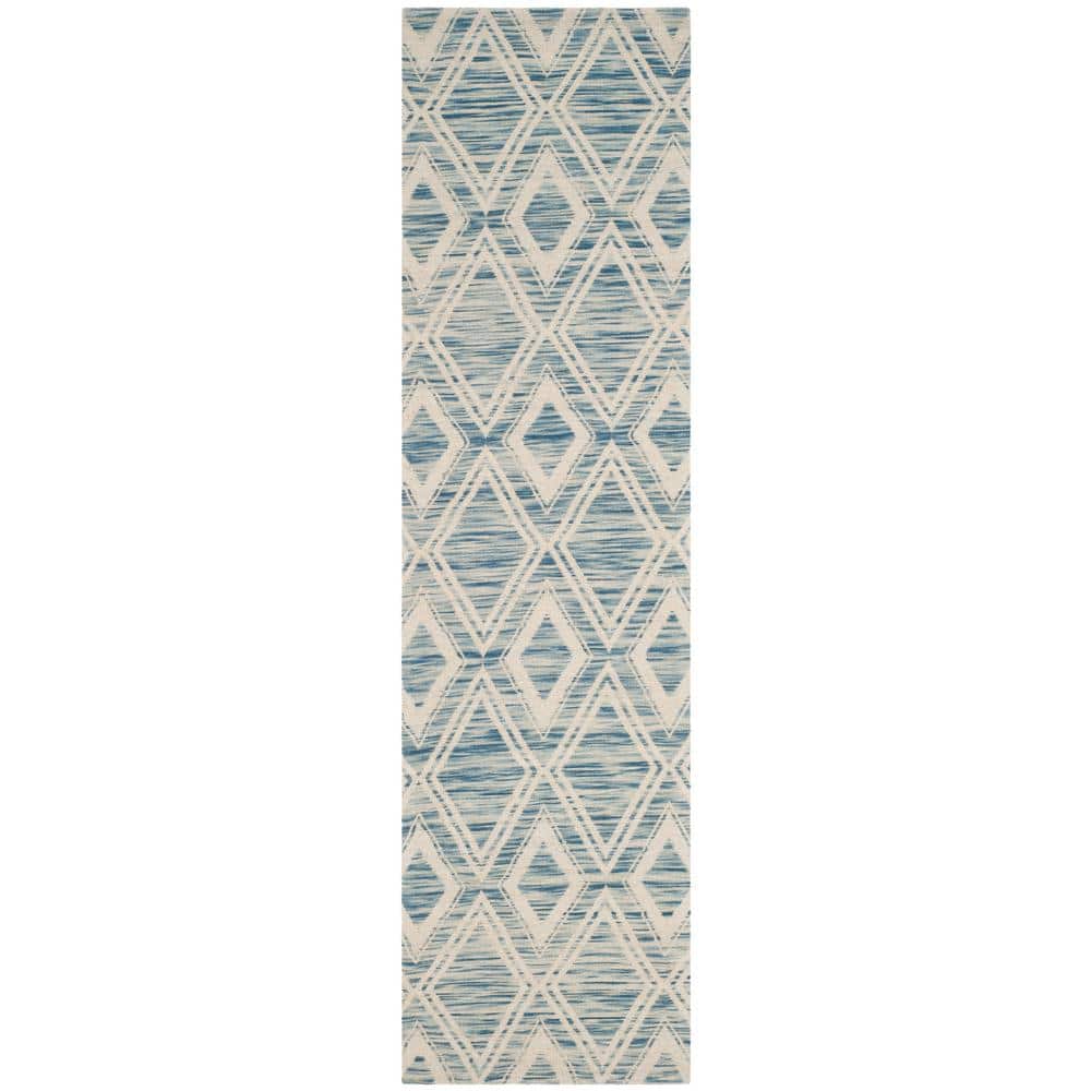 Ivory and Dark Blue Handmade Wool Geometric Rug, 2' 3" x 12'