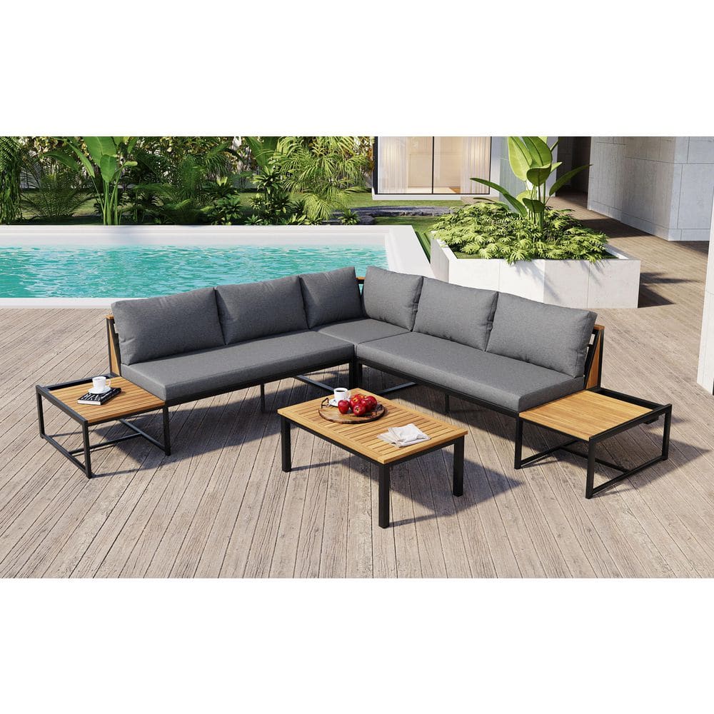 4-Piece Metal Outdoor Patio Conversation Set with Gray Cushions for Garden