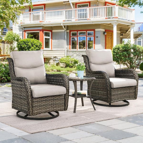 3-Piece Gray Swivel Glider Wicker Outdoor Rocking Chair with Beige Cushions and Side Table