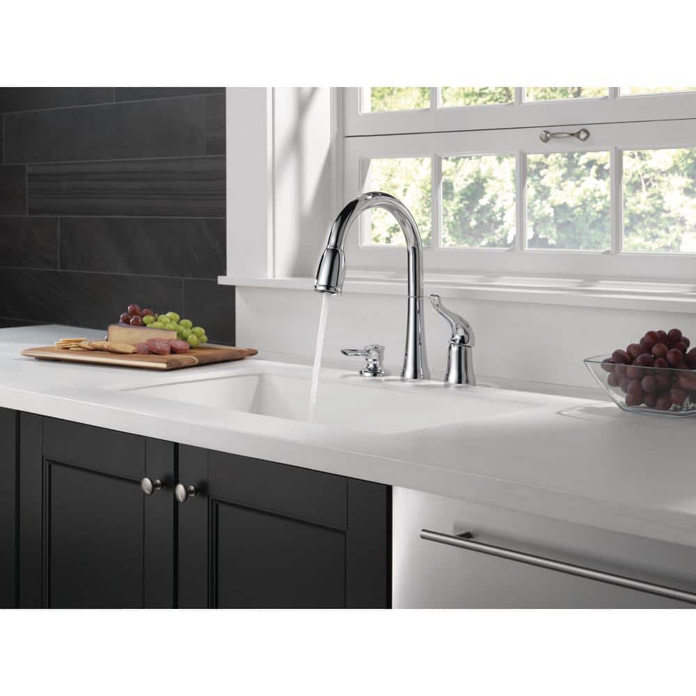 Transitional 14'' Chrome Brass Deck Mounted Kitchen Faucet with Soap Dispenser