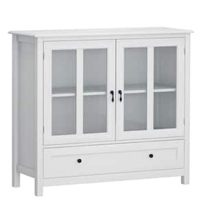 White Buffet Storage Cabinet with Double Glass Doors and Unique Bell Handle