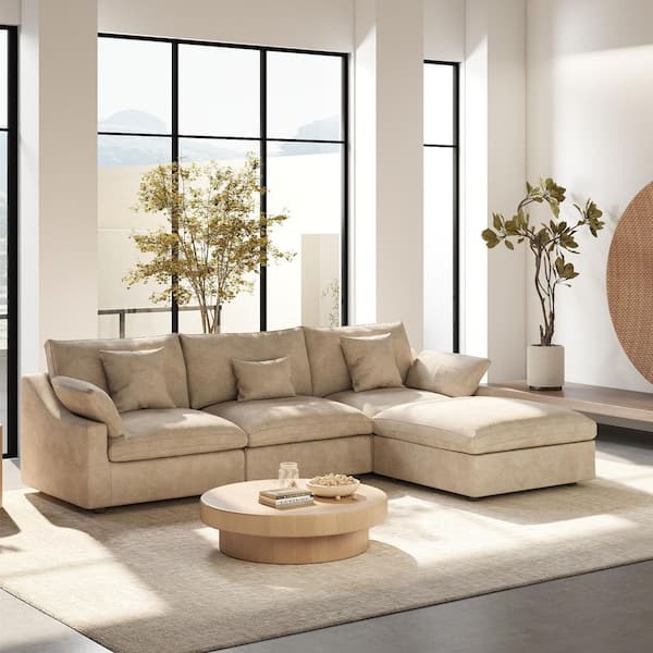 119 in. Square Arm Linen 4-Piece Oversized L-Shaped Cloud Modular Sectional Sofa with Ottoman, Washable Covers in Khaki