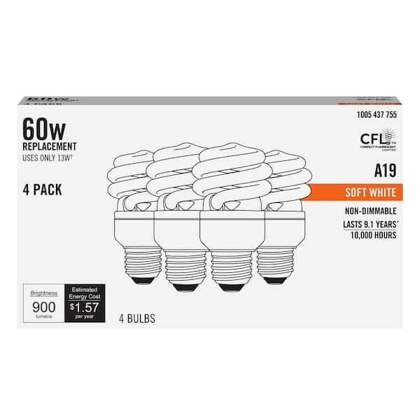 100-Watt Equivalent A19 Spiral Non-Dimmable E26 Base Compact Fluorescent CFL Light Bulb, Soft White 2700K (4-Pack)