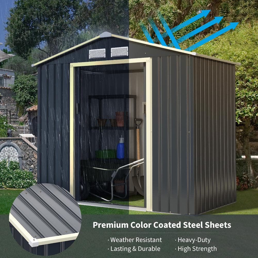 Gray Metal Double Door Peak Roof Storage Shed