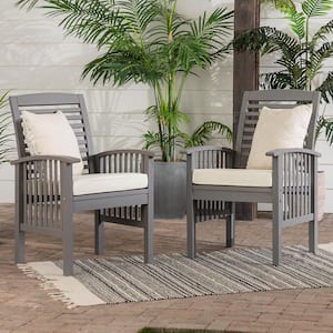 Modern Slat-Back Gray Wash Acacia Wood Outdoor Lounge Chair with Beige Cushions for Outdoor Use Backyard (2-Pack)