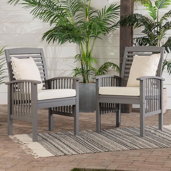 ITOPFOX Modern Slat-Back Gray Wash Acacia Wood Outdoor Lounge Chair with Beige Cushions for Outdoor Use Backyard (2-Pack)
