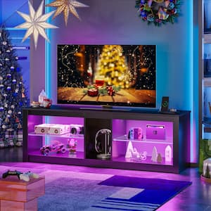 55 in. Black Carbon Fiber TV Stand with Power Outlets LED Entertainment Center with Glass Shelves
