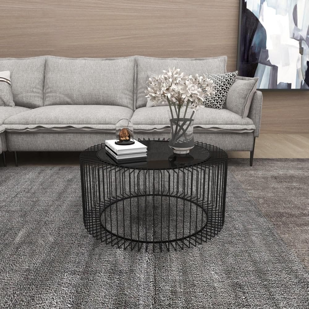 Modern Black Open Wire Frame 32" Round Glass Coffee Table