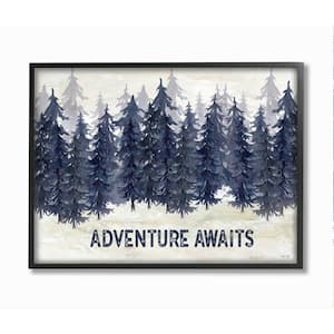 "Adventure Awaits Quote Blue Pine Tree Forest Scene" by Cindy Jacobs Framed Typography Wall Art Print 24 in. x 30 in.