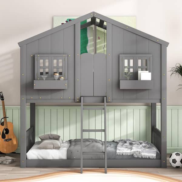 Gray Twin over Twin Bunk Bed with Roof and Window Box