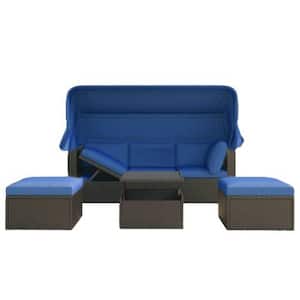 Gray 4-Pieces. Wicker Outdoor Sectional Set with Blue Cushions Daybed with Retractable Canopy, 2 Ottomans and 1 Table
