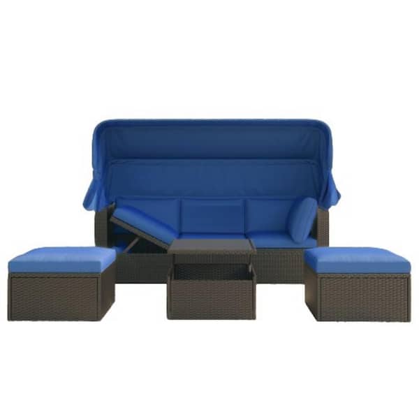 ITOPFOX Gray 4-Pieces. Wicker Outdoor Sectional Set with Blue Cushions Daybed with Retractable Canopy, 2 Ottomans and 1 Table