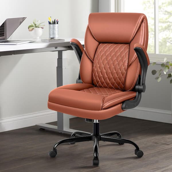 Brown Sponge Cushion Arm Chair with Textured PU Leather, Adjustable Armrests and Backrest, SGS-certified Gas Lift