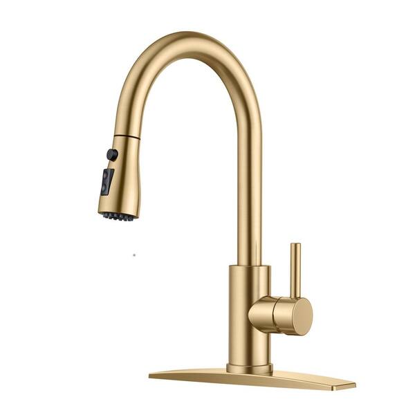 androme High-Arc Single Handle Pull Down and Pull Out Sprayer Kitchen Faucet with Deckplate and Gooseneck Swivel Spout in Gold