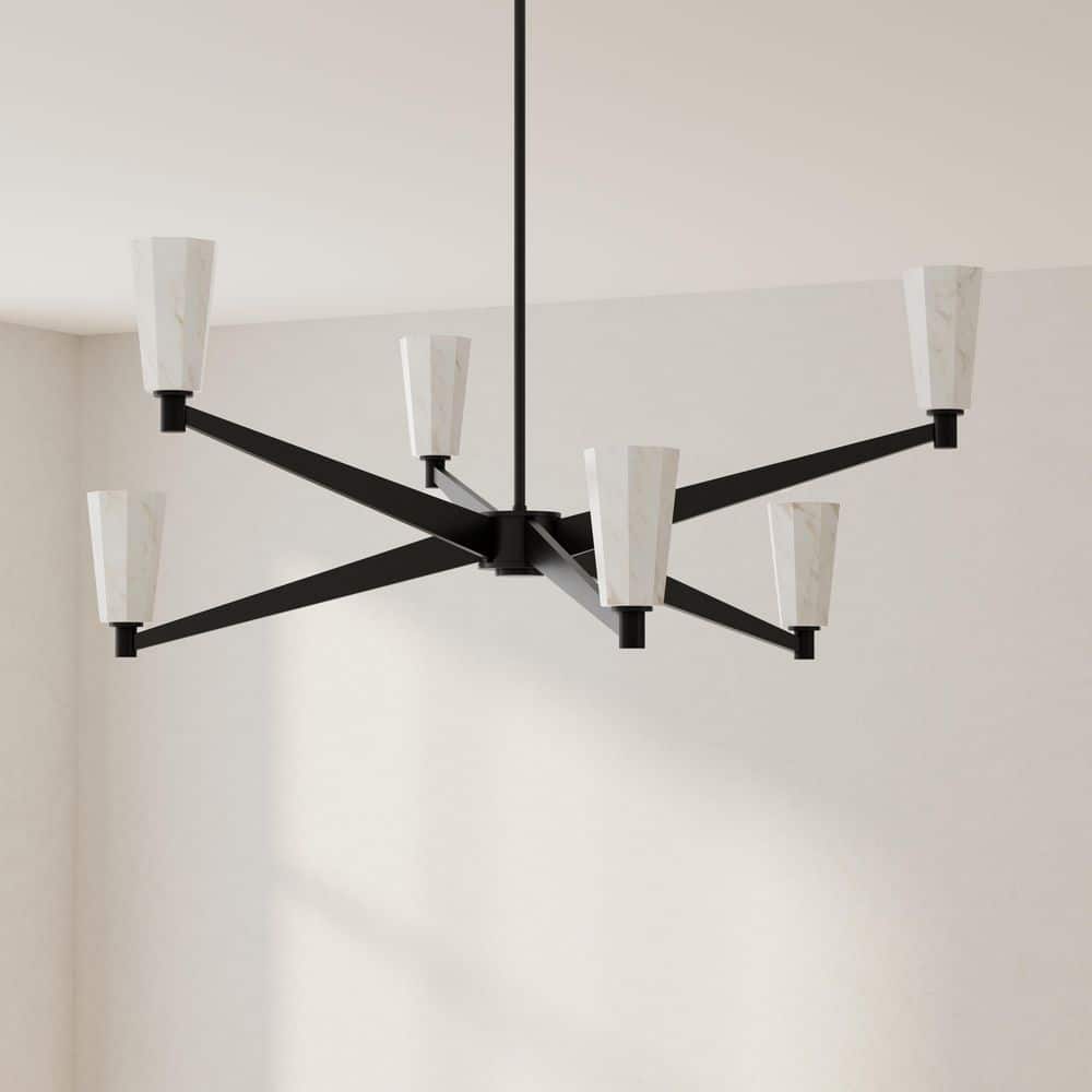 Matte Black Steel 6-Light Chandelier with Faux Alabaster Shades