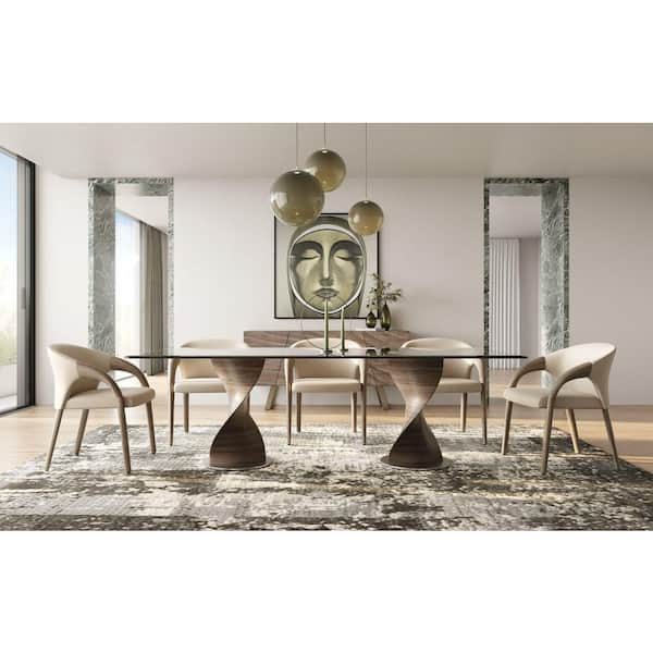 Modrest Cleveland Contemporary Grey Ash Glass 43.3 in. Double Pedestal Dining Table Seats 8