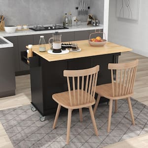 Black Solid Wood 52.7 in. Kitchen Island with Storage Cabinet and Drop Leaf Breakfast Bar