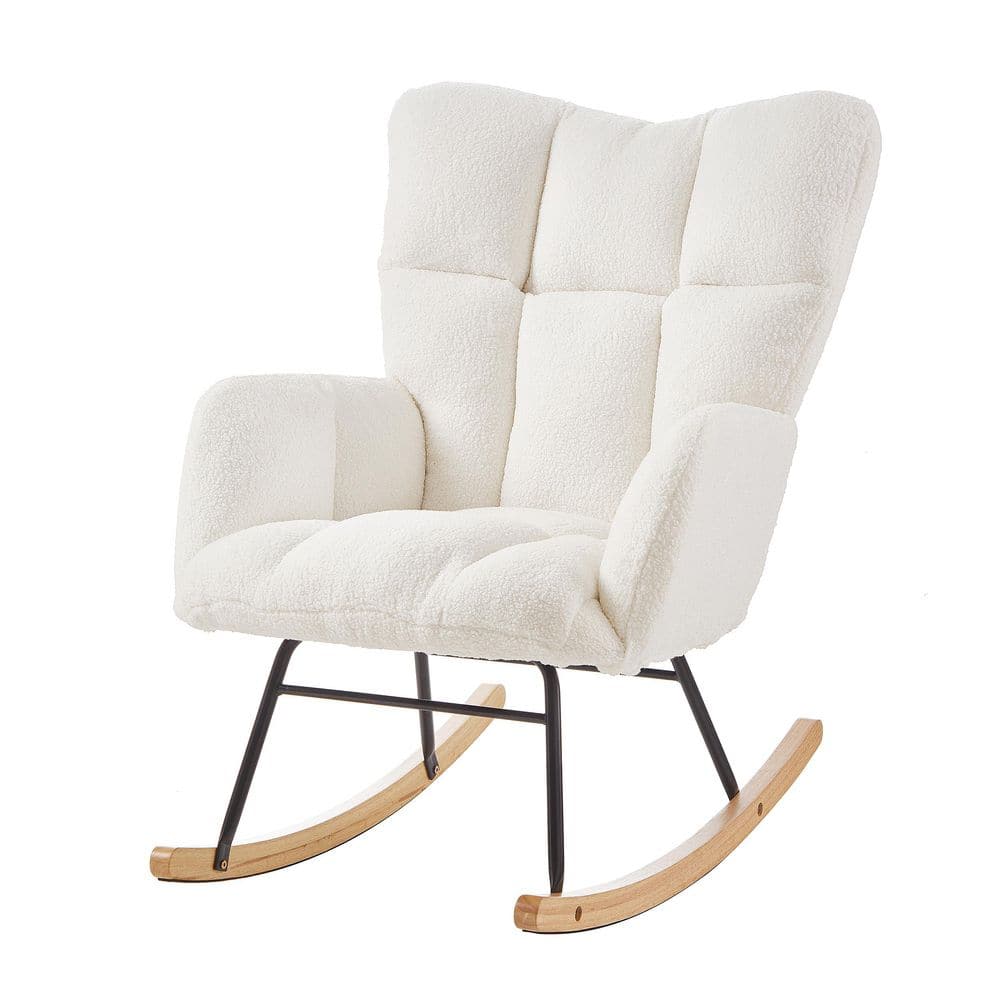 27.1 in. W Black Metal Outdoor Rocking Chair with Ivory White Cushions