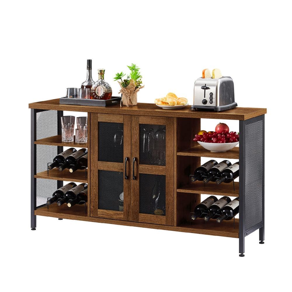 Rathgunde 55W Farmhouse Wine Bar Cabinet for Liquor & Glasses, Wood Sideboard with Wine Rack Buffet 17 Stories Color: Brown