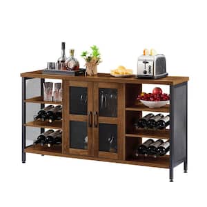 12-Bottle Brown Wood Wine Bar Cabine with Wine Racks and Stemware Holder