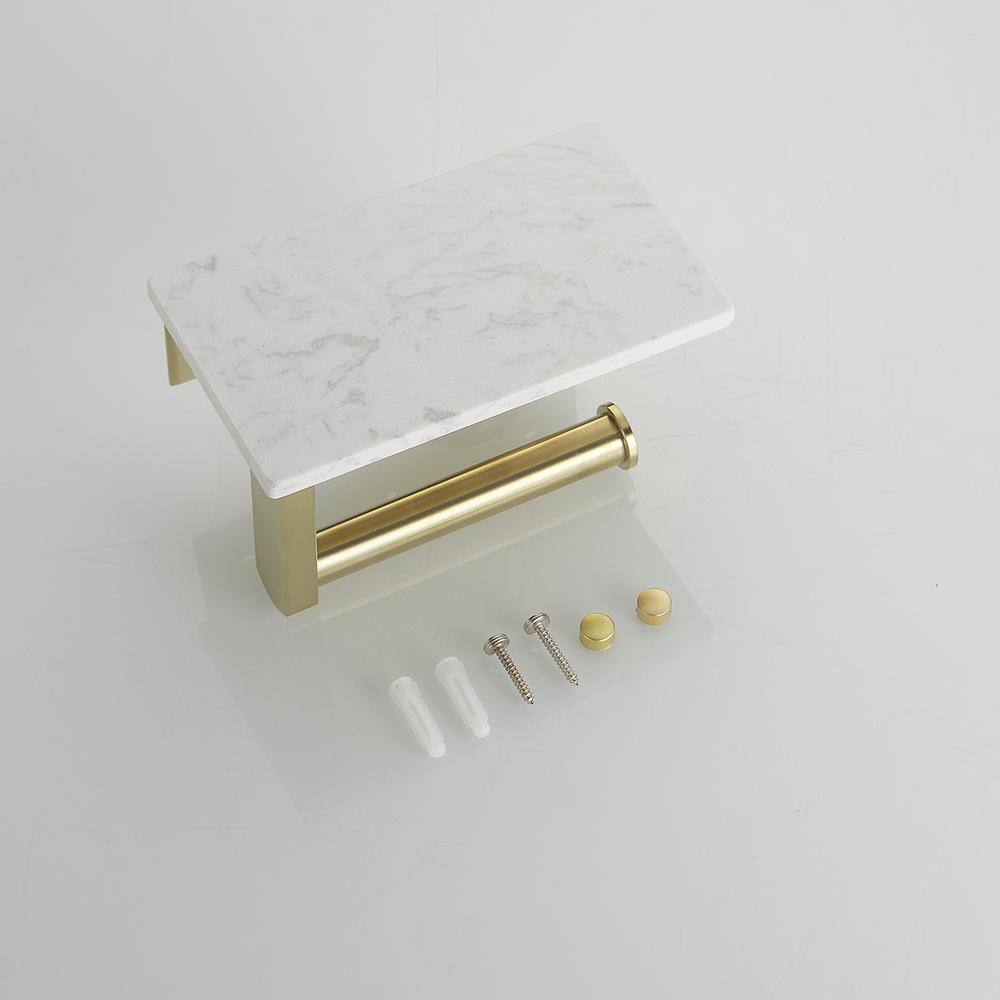 Brushed Gold Wall Mounted Toilet Paper Holder with Marble Shelf