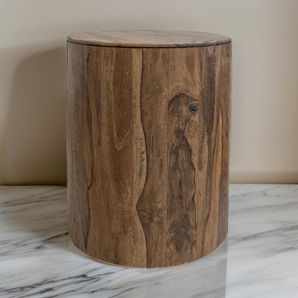 Benjara 17.75 in. Brown Round Wood End Table with Tenon Joinery