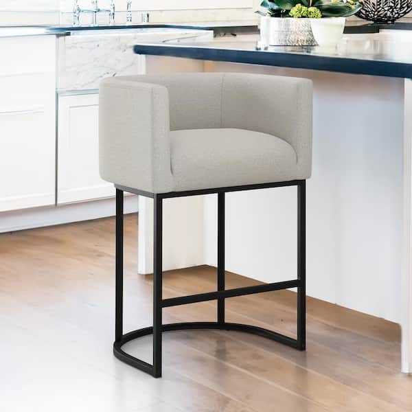 LUE BONA 26 in. Cream-Grey and Black Low Back Bar Stool with Metal Frame Counter Height Linen Upholstered Counter Stool(Set of 1)