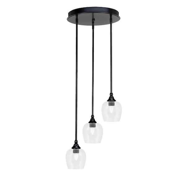 Unbranded Villa 60-Watt in. 3 Light Matte Black Stem Pendant Light with 6 in. Clear Bubble Glass Shade, No bulbs included