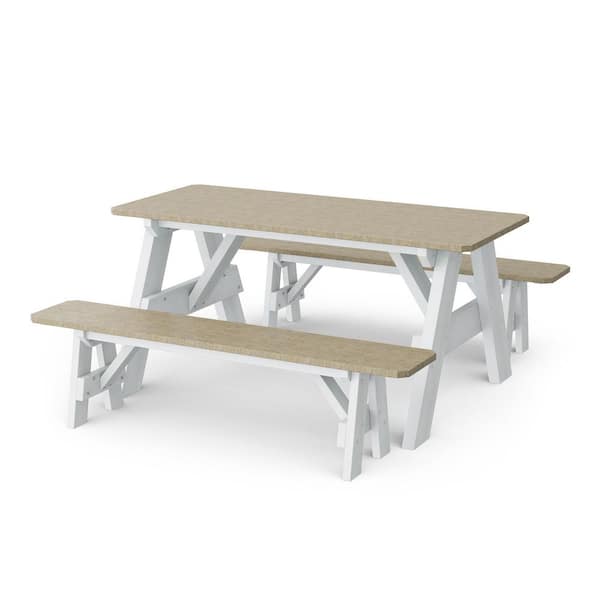 Heritage 72 in. Weathered Wood and White Rectangle HDPE Plastic Picnic Table with Detached Benches Seats 6 People