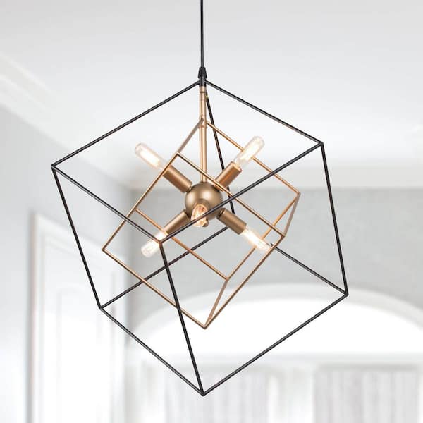 LNC Black Sputnik Candlestick Island Chandelier, Linear Square Modern Industrial 6-Light Gold Nested Cage Pendant Light