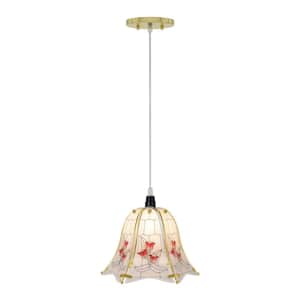 1-Light Polished Brass Mini Pendant with Floral Pattern Glass Shade