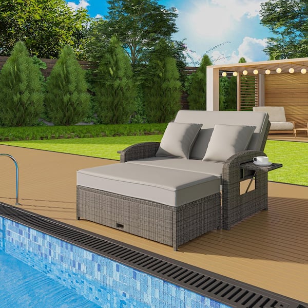 Unbranded Wicker Outdoor Double Chaise Lounge with Gray Cushions and Adjustable Back