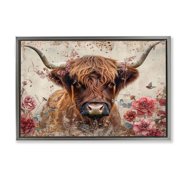 Stupell Industries Highland Cow in Spring by LSR Design Studio Gray Floater Frame Animal Graphic Art Print 17 in. x 25 in.