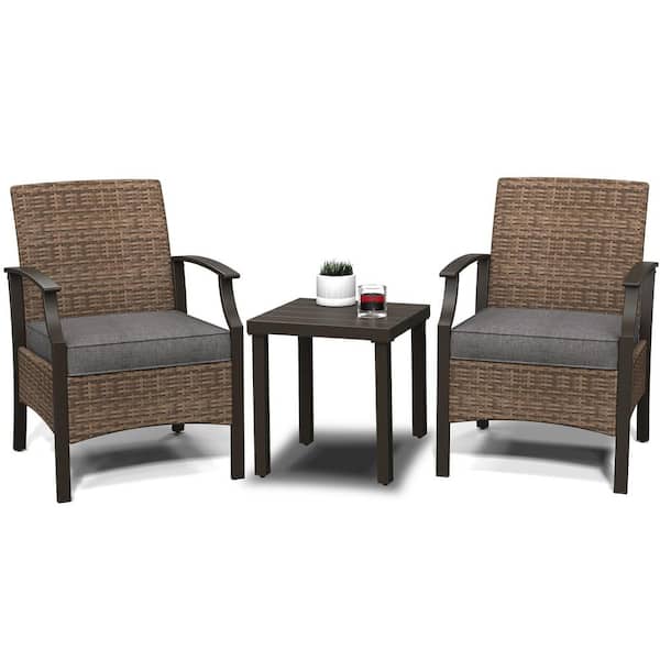 BANSA ROSE Drak Grey 3-Piece Metal Outdoor Bistro Set with Front Seat Baffle and Grey Cushions