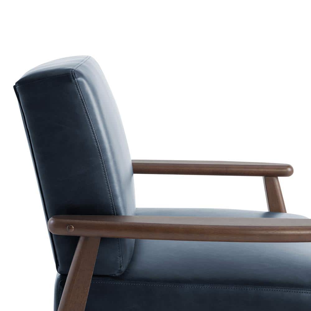 Navy Blue Faux Leather Barrel Accent Chair with Wood Frame