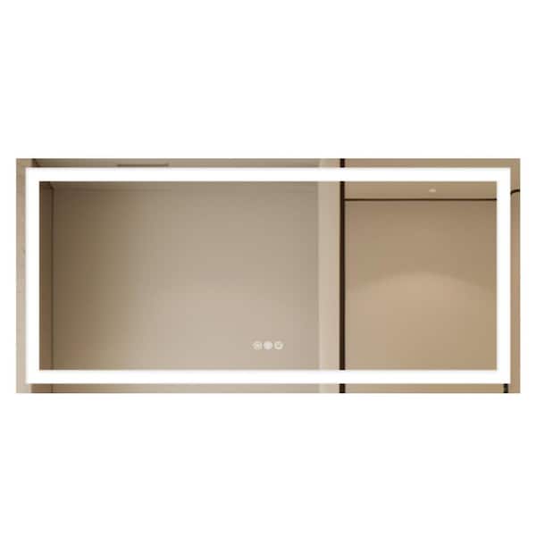 60 in. W x 28 in. H Rectangular Frameless Wall Mount 3-Colors Dimmable Anti-Fog LED Bathroom Vanity Mirror with Memory