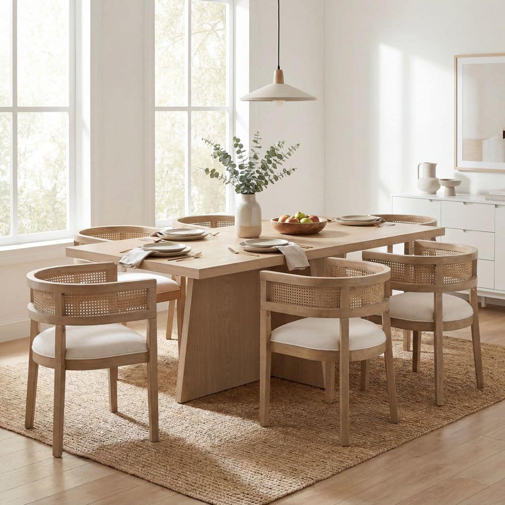 Emerson 7-Piece Wood Top Dining Set with Light Ash and Beige Fabric Dining Chairs, Rectangular Dining Table, Seats 6