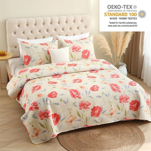 3 Piece Microfiber Reversible Watercolor Pink Flowers Spring Floral King Quilt Set Bedspreads Coverlets