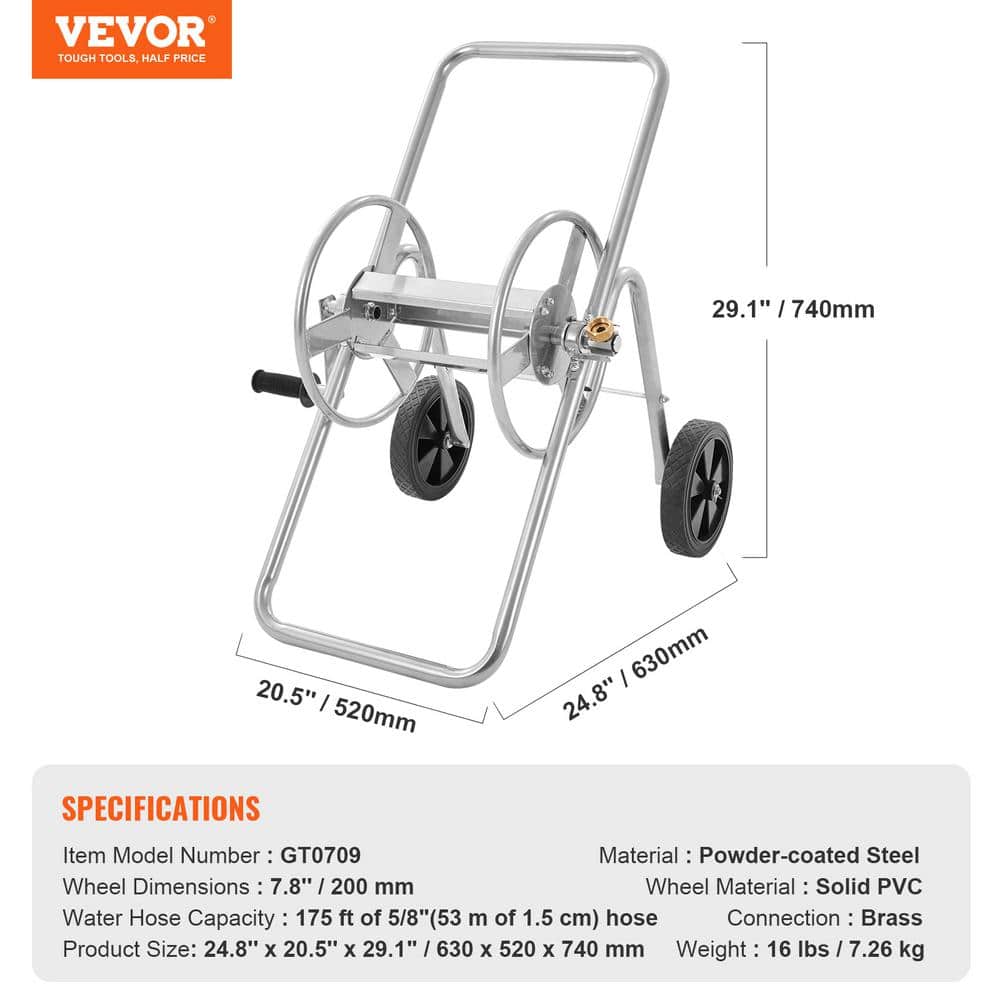 Heavy Duty Silver Steel Manual Crank Hose Reel Cart with Wheels