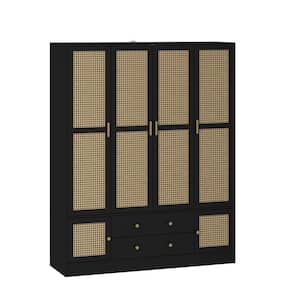 Black & Yellow Wooden 63 in. Width Bedroom Wardrobe, Armoire with 6 Shelves, Rod Cabinets & 2 Drawers