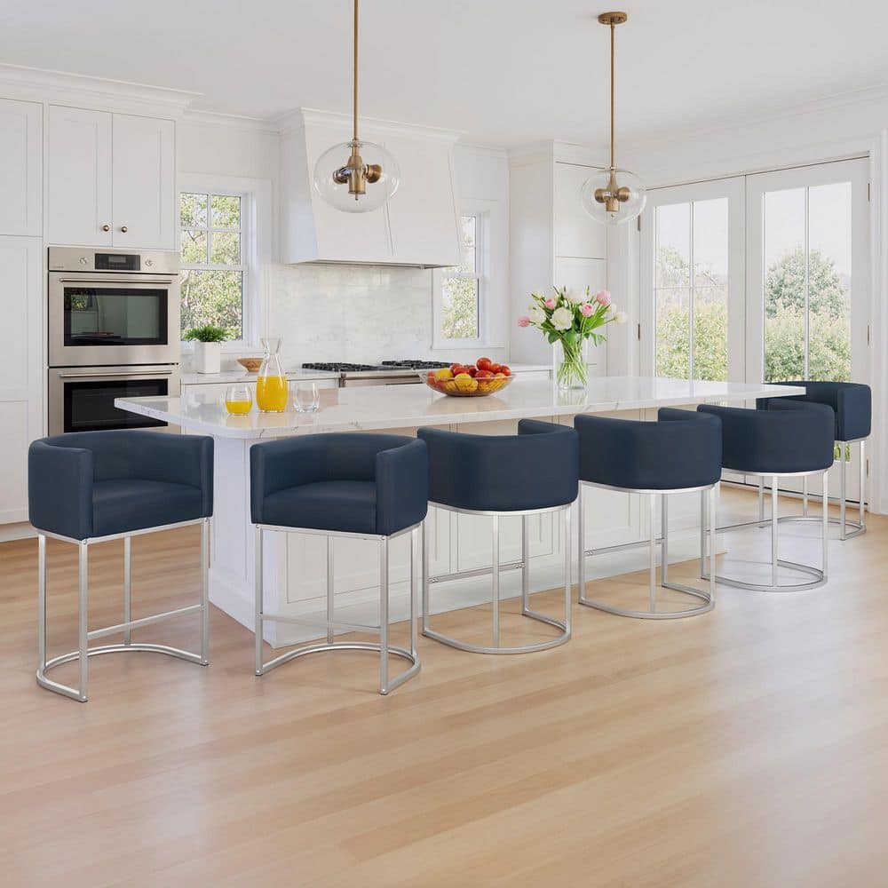 32.5 in. H Navy Blue and Silver Bar Stool Low Back Metal Frame Kitchen Counter Chair with Faux Leather Seat (Set of 6)