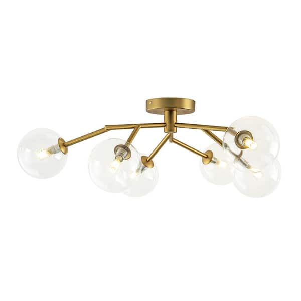 Y'INSP 28.74 in. 6-Light Brushed Gold Mid-Century Modern Branch Bubble Globe Semi-Flush Mount Chandelier with Clear Glass Shade