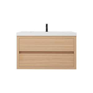 Louis 36 in. W x 20 in. D x 22 in. H Single Sink Floating Bath Vanity in Champagne Oak with White Acrylic Top