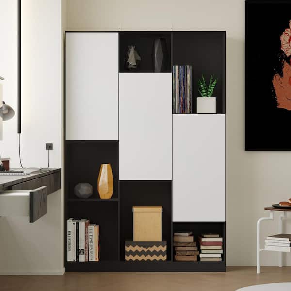 Black and White 70.9 in. H Wooden Accent Storage Cabinet. Bookcase Sideboard with 3-Doors and 12-Shelves