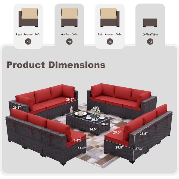 14-Piece Brown Wicker Outdoor Sectional Set with Glass Coffee Table and Red Cushions, Patio Chat, PE Rattan
