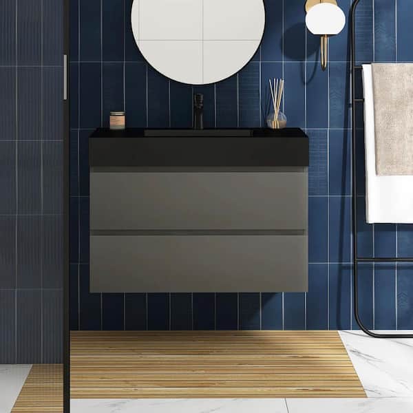 Boosicavelly 36 in. W x 18 in. D x 25 in. H Single Sink Floating Bath Vanity in Gray with Black Solid Surface Top